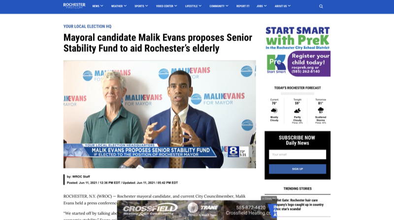 Mayoral candidate Malik Evans proposes Senior Stability Fund to aid Rochester’s elderly