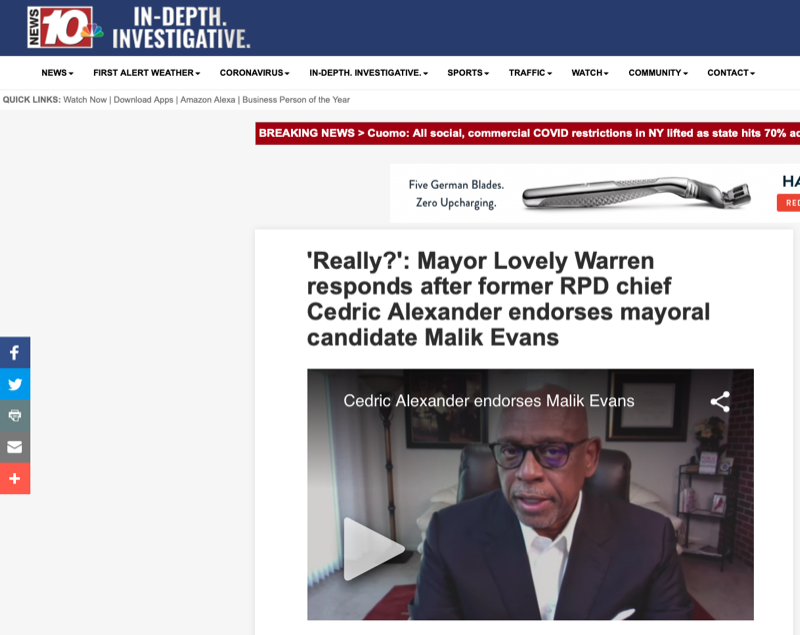 ‘Really?’: Mayor Lovely Warren responds after former RPD chief Cedric Alexander endorses mayoral candidate Malik Evans