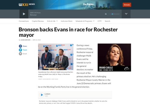 Bronson backs Evans in race for Rochester mayor